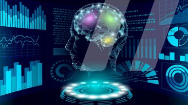 Una representacion de una cabeza virtual con un celebro digital representan como la inteligencia artificial y el big data analizan gráficos y datos