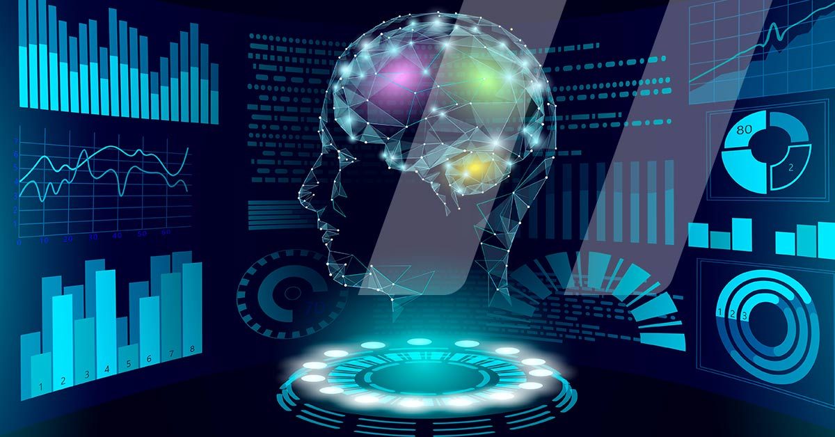 Una representacion de una cabeza virtual con un celebro digital representan como la inteligencia artificial y el big data analizan gráficos y datos