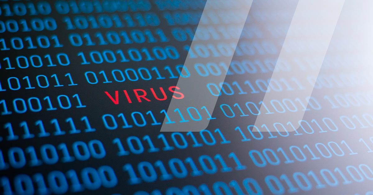 Imagen de código binario y en medio la palabra virus representando un ciber ataque