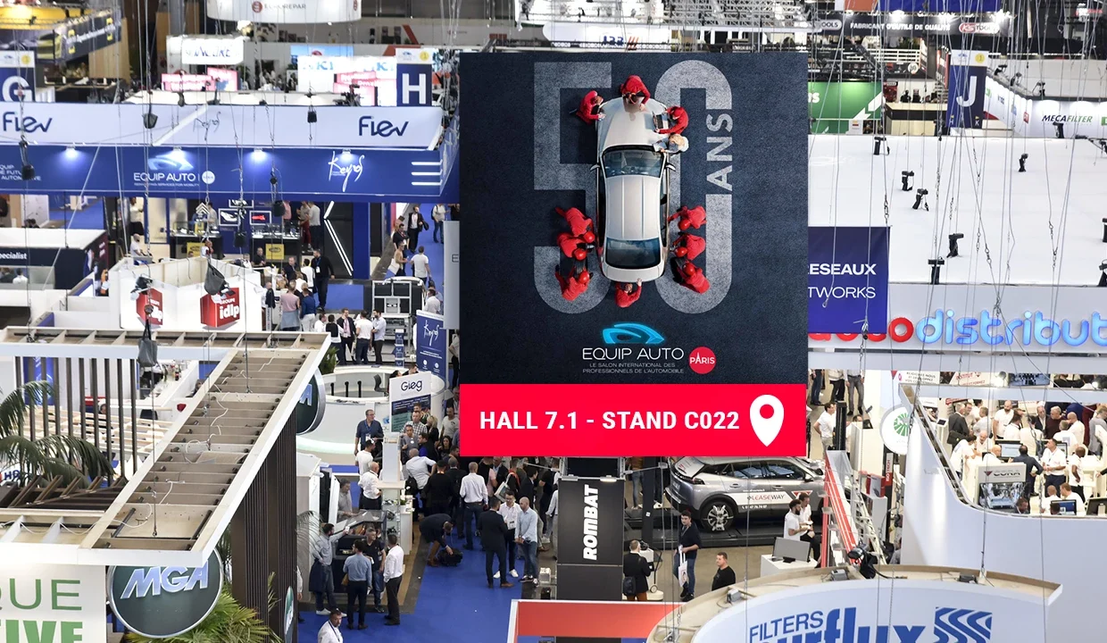 Image de promotion montrant la présence d'Infopro Digital Automotive à l'édition 2025 d'Equip Auto pour les 50 ans du salon