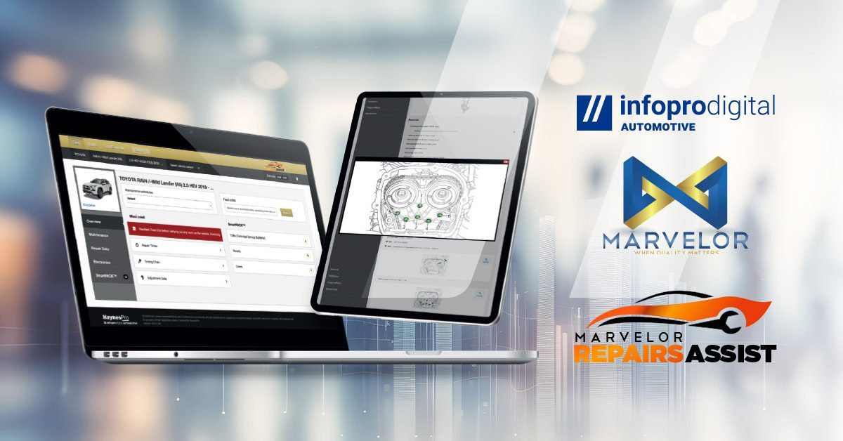 Marvelor and Infopro Digital Automotive logos marking the agreement for the integration of technical data for Australian workshops