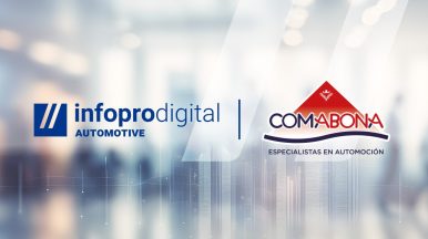 logos de Infopro Digital Automotive y de COMERCIAL ABONA sobre un fondo con conexiones representado la tecnología de ambas empresas y su alianza
