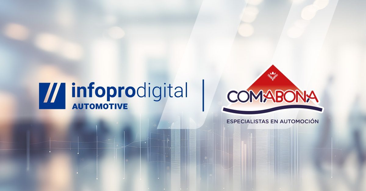 logos de Infopro Digital Automotive y de COMERCIAL ABONA sobre un fondo con conexiones representado la tecnología de ambas empresas y su alianza